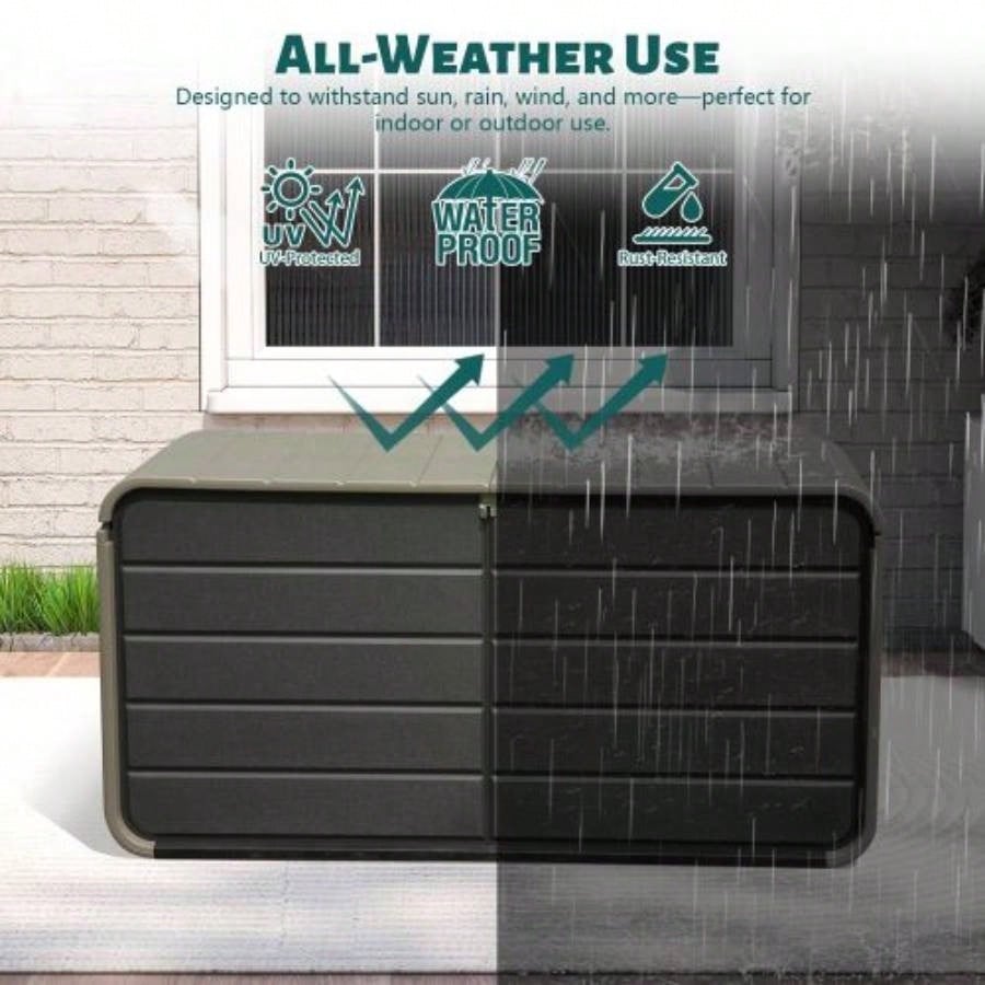 200 Gallon Plastic Deck Box, Large Patio Storage Box with Lock, Wheels Waterproof Lid Outdoor Cushions, Garden and Pool Supplies Gray