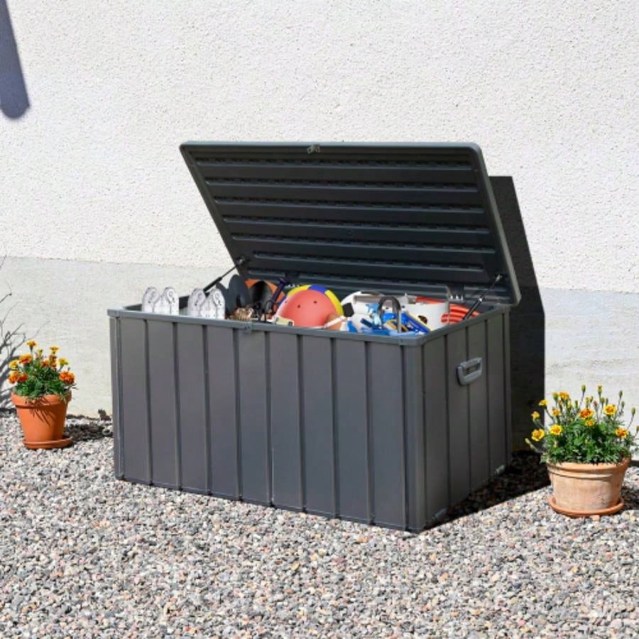 200 Gallon Plastic Deck Box, Large Patio Storage Box with Lock, Wheels Waterproof Lid Outdoor Cushions, Garden and Pool Supplies Gray
