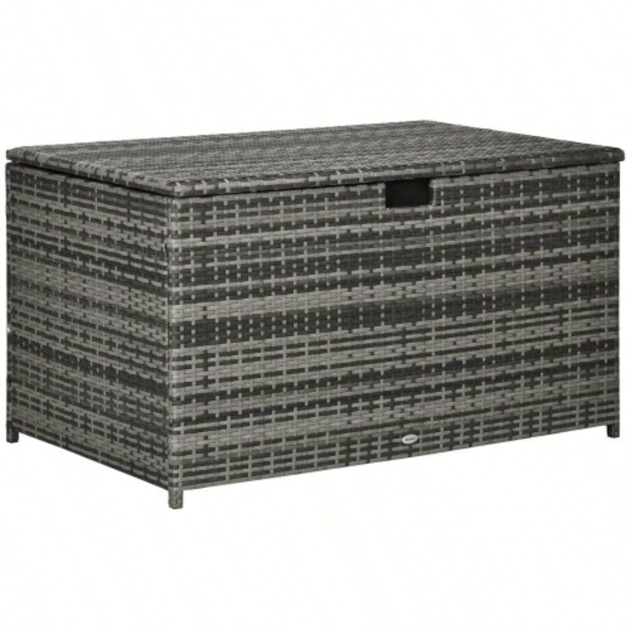 Outsunny 113 Gallon Deck Box, Rattan Outdoor Storage Box, Waterproof Storage Container Indoor, Patio Furniture Cushions, Pool Supplies, Garden Tools, Dark Gray
