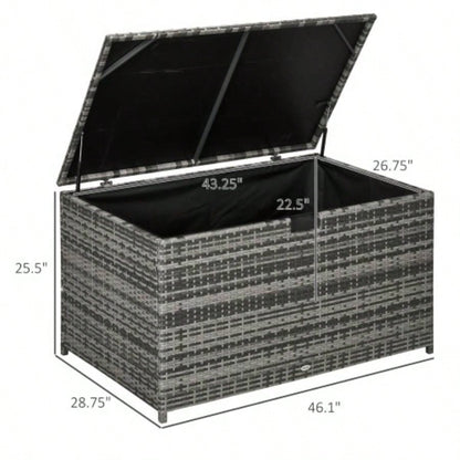 Outsunny 113 Gallon Deck Box, Rattan Outdoor Storage Box, Waterproof Storage Container Indoor, Patio Furniture Cushions, Pool Supplies, Garden Tools, Dark Gray
