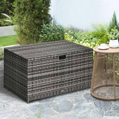 Outsunny 113 Gallon Deck Box, Rattan Outdoor Storage Box, Waterproof Storage Container Indoor, Patio Furniture Cushions, Pool Supplies, Garden Tools, Dark Gray