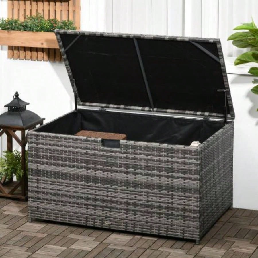 Outsunny 113 Gallon Deck Box, Rattan Outdoor Storage Box, Waterproof Storage Container Indoor, Patio Furniture Cushions, Pool Supplies, Garden Tools, Dark Gray