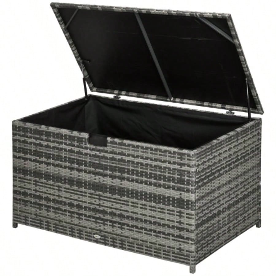 Outsunny 113 Gallon Deck Box, Rattan Outdoor Storage Box, Waterproof Storage Container Indoor, Patio Furniture Cushions, Pool Supplies, Garden Tools, Dark Gray