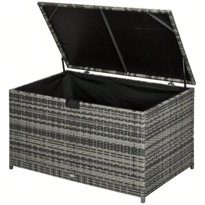 Outsunny 113 Gallon Deck Box, Rattan Outdoor Storage Box, Waterproof Storage Container Indoor, Patio Furniture Cushions, Pool Supplies, Garden Tools, Dark Gray
