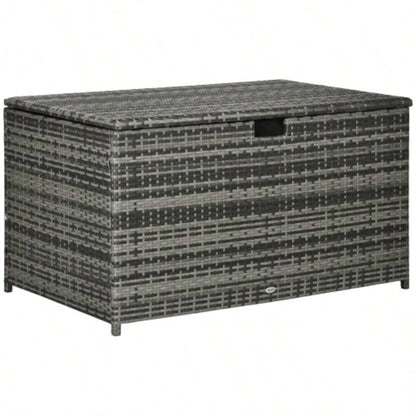 Outsunny 113 Gallon Deck Box, Rattan Outdoor Storage Box, Waterproof Storage Container Indoor, Patio Furniture Cushions, Pool Supplies, Garden Tools, Dark Gray