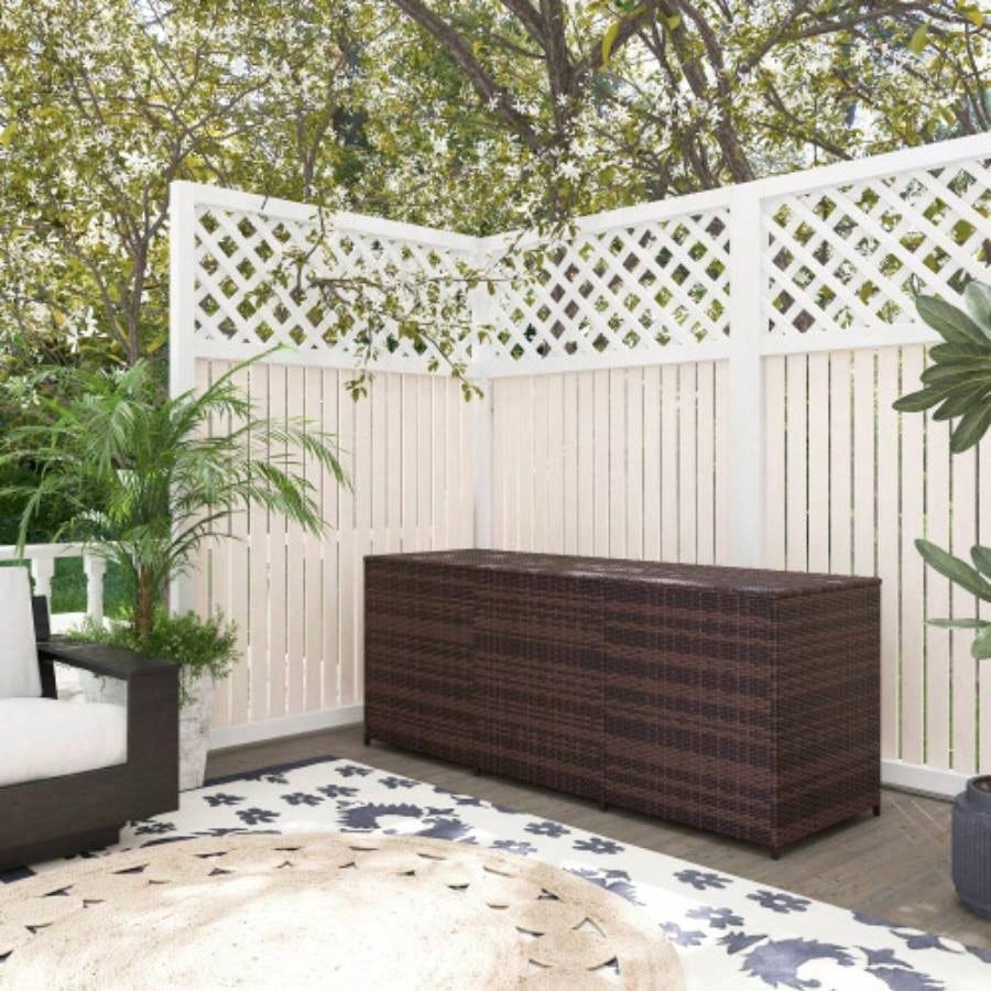 Outsunny 175 Gallon Outdoor Storage Box with Inner Liner, PE Rattan Wicker Deck Box with Pneumatic Bar Lift Indoor Outdoor, Patio Furniture Cushions, Pool Toys, Garden Tools, Mixed Brown