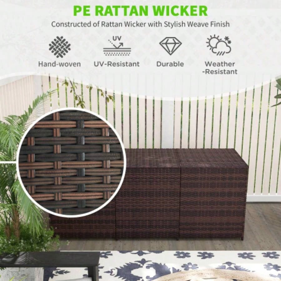 Outsunny 175 Gallon Outdoor Storage Box with Inner Liner, PE Rattan Wicker Deck Box with Pneumatic Bar Lift Indoor Outdoor, Patio Furniture Cushions, Pool Toys, Garden Tools, Mixed Brown