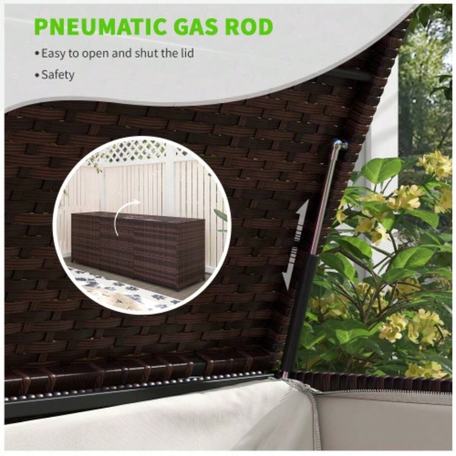 Outsunny 175 Gallon Outdoor Storage Box with Inner Liner, PE Rattan Wicker Deck Box with Pneumatic Bar Lift Indoor Outdoor, Patio Furniture Cushions, Pool Toys, Garden Tools, Mixed Brown