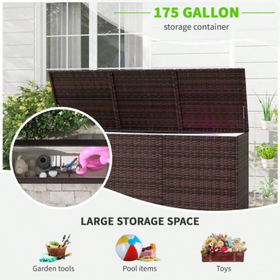 Outsunny 175 Gallon Outdoor Storage Box with Inner Liner, PE Rattan Wicker Deck Box with Pneumatic Bar Lift Indoor Outdoor, Patio Furniture Cushions, Pool Toys, Garden Tools, Mixed Brown