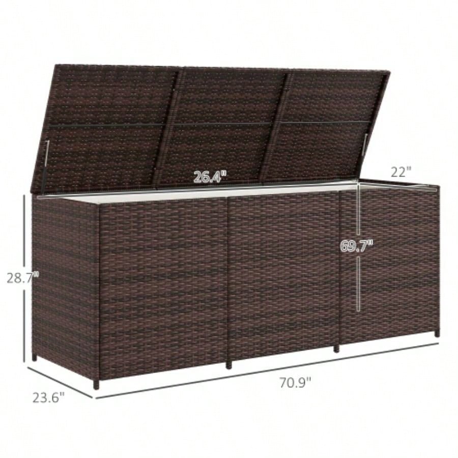 Outsunny 175 Gallon Outdoor Storage Box with Inner Liner, PE Rattan Wicker Deck Box with Pneumatic Bar Lift Indoor Outdoor, Patio Furniture Cushions, Pool Toys, Garden Tools, Mixed Brown