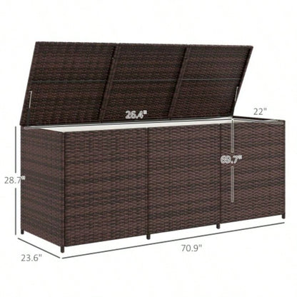 Outsunny 175 Gallon Outdoor Storage Box with Inner Liner, PE Rattan Wicker Deck Box with Pneumatic Bar Lift Indoor Outdoor, Patio Furniture Cushions, Pool Toys, Garden Tools, Mixed Brown
