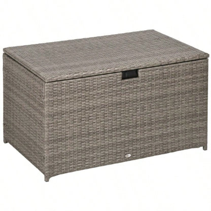 Outsunny 113 Gallon Deck Box, Rattan Outdoor Storage Box, Waterproof Storage Container Indoor, Patio Furniture Cushions, Pool Toys, Garden Tools, Gray