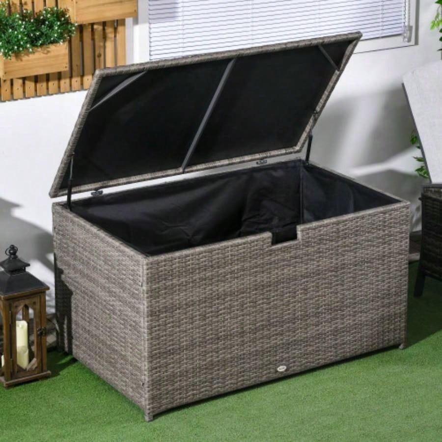 Outsunny 113 Gallon Deck Box, Rattan Outdoor Storage Box, Waterproof Storage Container Indoor, Patio Furniture Cushions, Pool Toys, Garden Tools, Gray