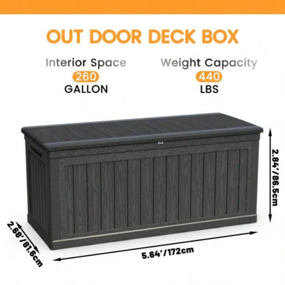 260 Gallon Metal Outdoor Deck Box Waterproof, Black