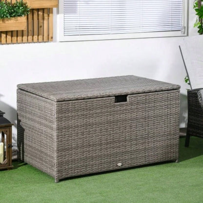 Outsunny 113 Gallon Deck Box, Rattan Outdoor Storage Box, Waterproof Storage Container Indoor, Patio Furniture Cushions, Pool Toys, Garden Tools, Gray