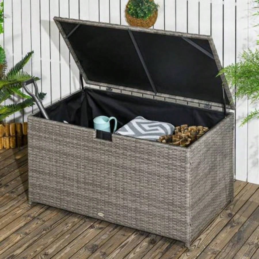 Outsunny 113 Gallon Deck Box, Rattan Outdoor Storage Box, Waterproof Storage Container Indoor, Patio Furniture Cushions, Pool Toys, Garden Tools, Gray