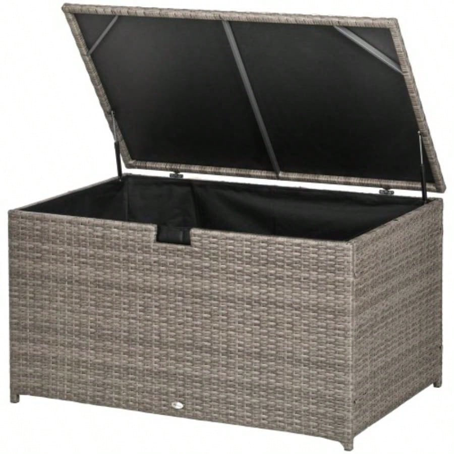 Outsunny 113 Gallon Deck Box, Rattan Outdoor Storage Box, Waterproof Storage Container Indoor, Patio Furniture Cushions, Pool Toys, Garden Tools, Gray