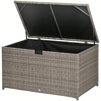 Outsunny 113 Gallon Deck Box, Rattan Outdoor Storage Box, Waterproof Storage Container Indoor, Patio Furniture Cushions, Pool Toys, Garden Tools, Gray