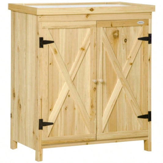 Outsunny Garden Storage Cabinet, Outdoor Shed with Galvanized Top and Two Shelves Yard Tools or Pool Accessories, Natural