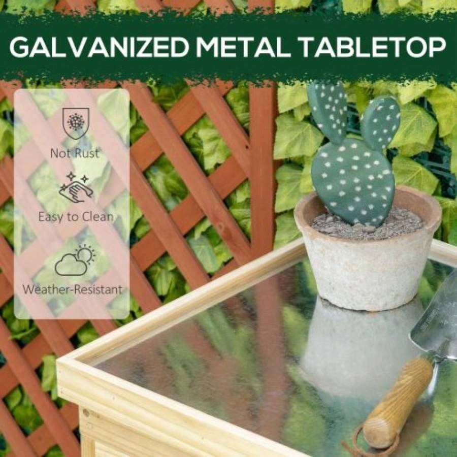 Outsunny Garden Storage Cabinet, Outdoor Shed with Galvanized Top and Two Shelves Yard Tools or Pool Accessories, Natural