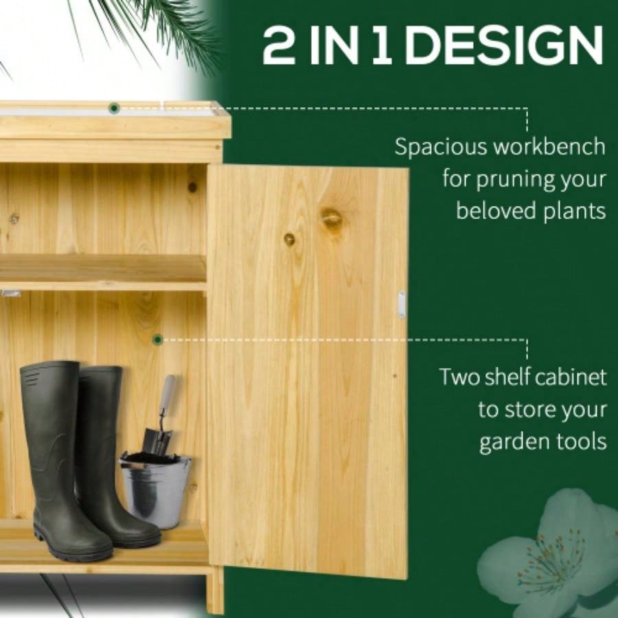 Outsunny Garden Storage Cabinet, Outdoor Shed with Galvanized Top and Two Shelves Yard Tools or Pool Accessories, Natural