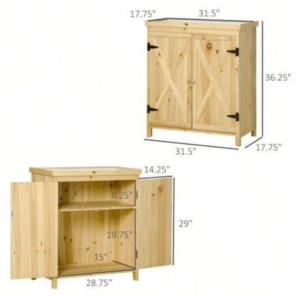 Outsunny Garden Storage Cabinet, Outdoor Shed with Galvanized Top and Two Shelves Yard Tools or Pool Accessories, Natural