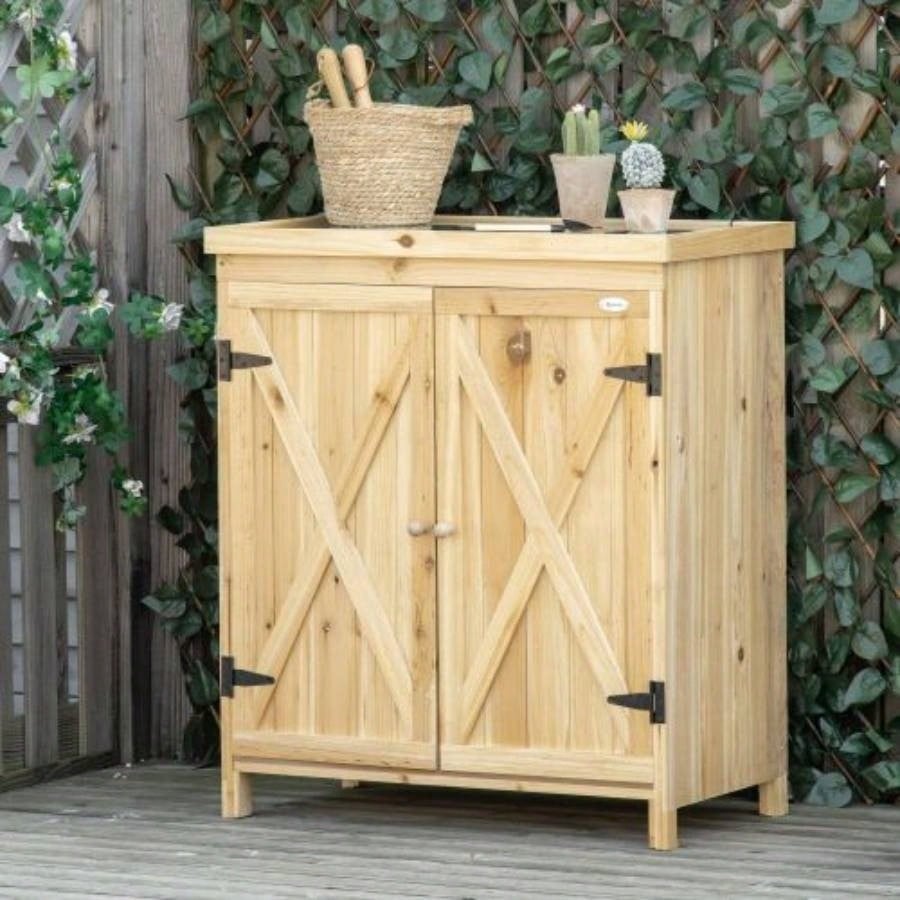 Outsunny Garden Storage Cabinet, Outdoor Shed with Galvanized Top and Two Shelves Yard Tools or Pool Accessories, Natural