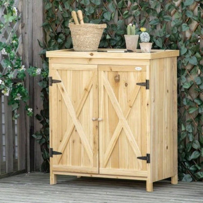 Outsunny Garden Storage Cabinet, Outdoor Shed with Galvanized Top and Two Shelves Yard Tools or Pool Accessories, Natural