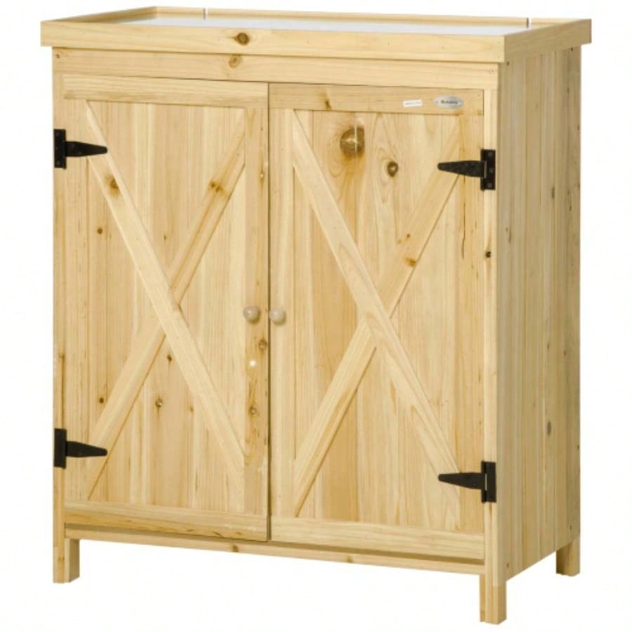 Outsunny Garden Storage Cabinet, Outdoor Shed with Galvanized Top and Two Shelves Yard Tools or Pool Accessories, Natural