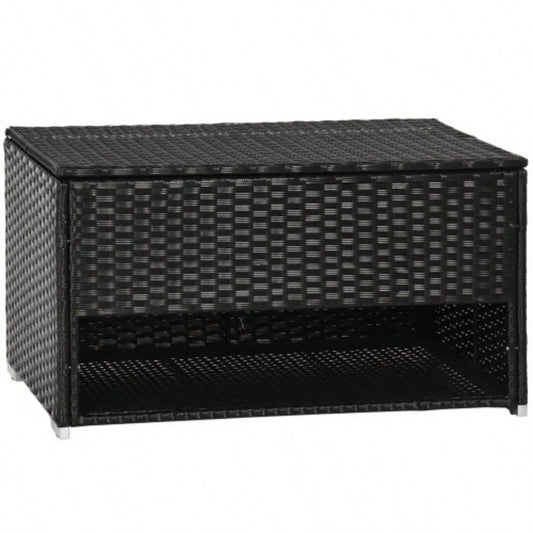 Outsunny Outdoor Deck Box Shoe Storage, PE Rattan Wicker Towel Rack with Liner Indoor, Outdoor, Patio Furniture Cushions, Pool, Toys, Garden Tools, Black