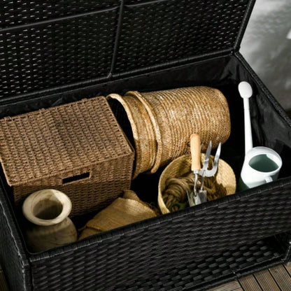 Outsunny Outdoor Deck Box Shoe Storage, PE Rattan Wicker Towel Rack with Liner Indoor, Outdoor, Patio Furniture Cushions, Pool, Toys, Garden Tools, Black