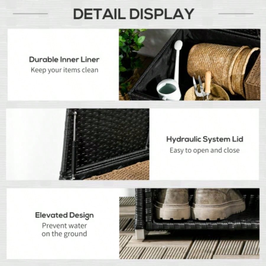 Outsunny Outdoor Deck Box Shoe Storage, PE Rattan Wicker Towel Rack with Liner Indoor, Outdoor, Patio Furniture Cushions, Pool, Toys, Garden Tools, Black