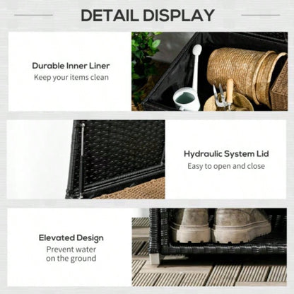 Outsunny Outdoor Deck Box Shoe Storage, PE Rattan Wicker Towel Rack with Liner Indoor, Outdoor, Patio Furniture Cushions, Pool, Toys, Garden Tools, Black