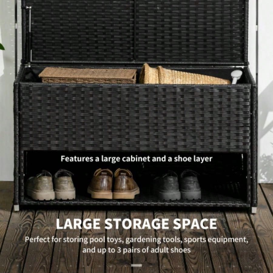 Outsunny Outdoor Deck Box Shoe Storage, PE Rattan Wicker Towel Rack with Liner Indoor, Outdoor, Patio Furniture Cushions, Pool, Toys, Garden Tools, Black