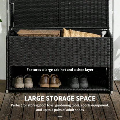 Outsunny Outdoor Deck Box Shoe Storage, PE Rattan Wicker Towel Rack with Liner Indoor, Outdoor, Patio Furniture Cushions, Pool, Toys, Garden Tools, Black