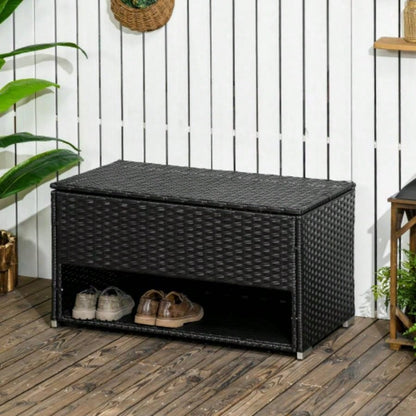 Outsunny Outdoor Deck Box Shoe Storage, PE Rattan Wicker Towel Rack with Liner Indoor, Outdoor, Patio Furniture Cushions, Pool, Toys, Garden Tools, Black