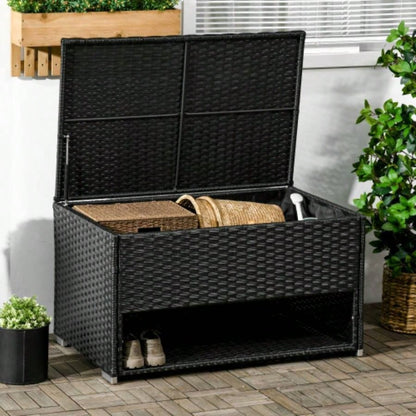 Outsunny Outdoor Deck Box Shoe Storage, PE Rattan Wicker Towel Rack with Liner Indoor, Outdoor, Patio Furniture Cushions, Pool, Toys, Garden Tools, Black