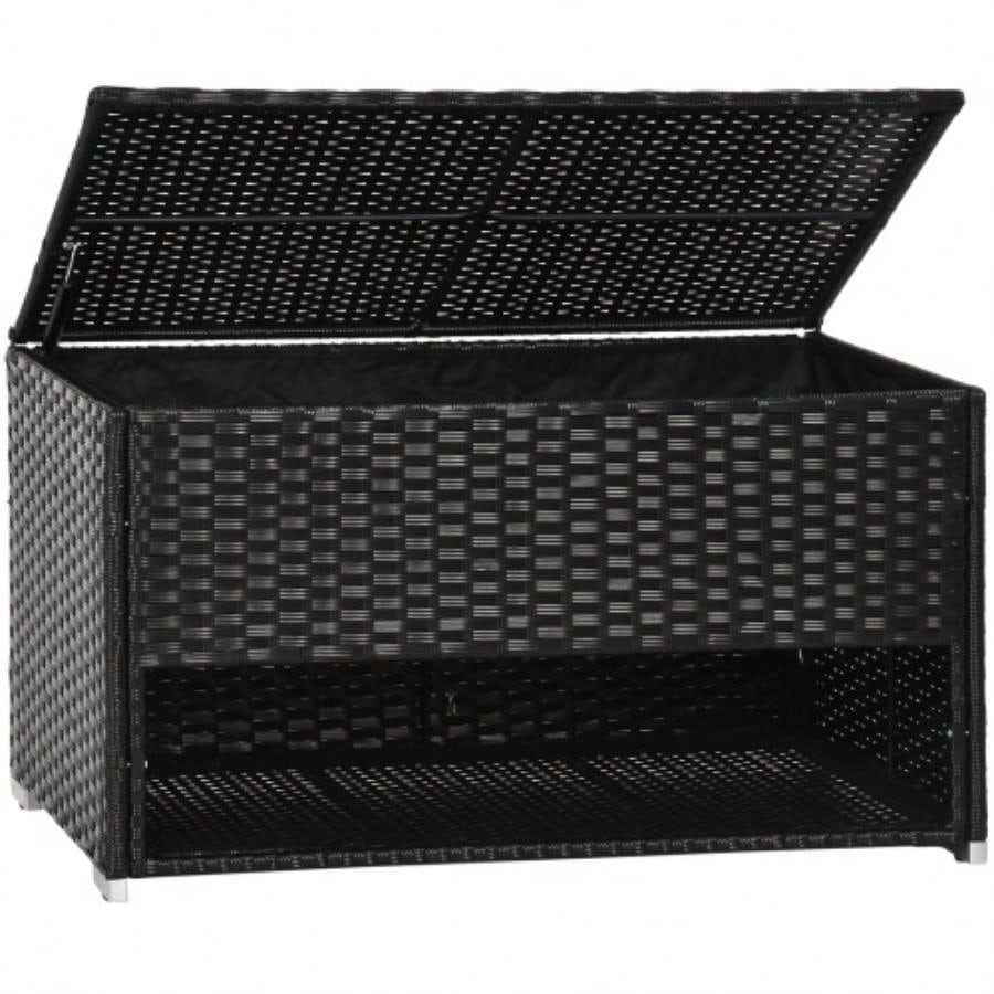 Outsunny Outdoor Deck Box Shoe Storage, PE Rattan Wicker Towel Rack with Liner Indoor, Outdoor, Patio Furniture Cushions, Pool, Toys, Garden Tools, Black