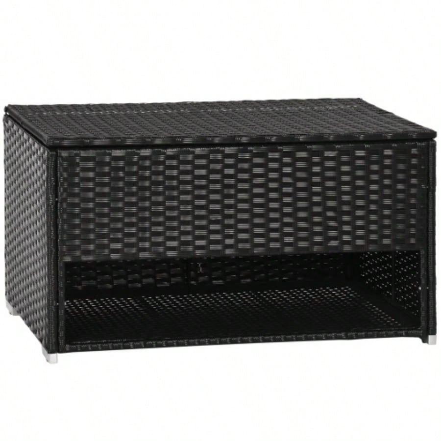 Outsunny Outdoor Deck Box Shoe Storage, PE Rattan Wicker Towel Rack with Liner Indoor, Outdoor, Patio Furniture Cushions, Pool, Toys, Garden Tools, Black