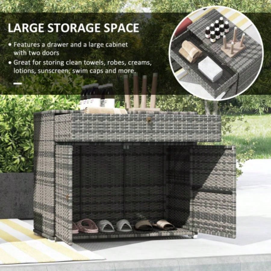 Outsunny Outdoor Towel Rack Pool Toy Cabinet, Hot Tub Accessory Storage, Freestanding PE Rattan Wicker Cabinet with Drawer Indoor, Outdoor Swimming Pool, Spa, Gray