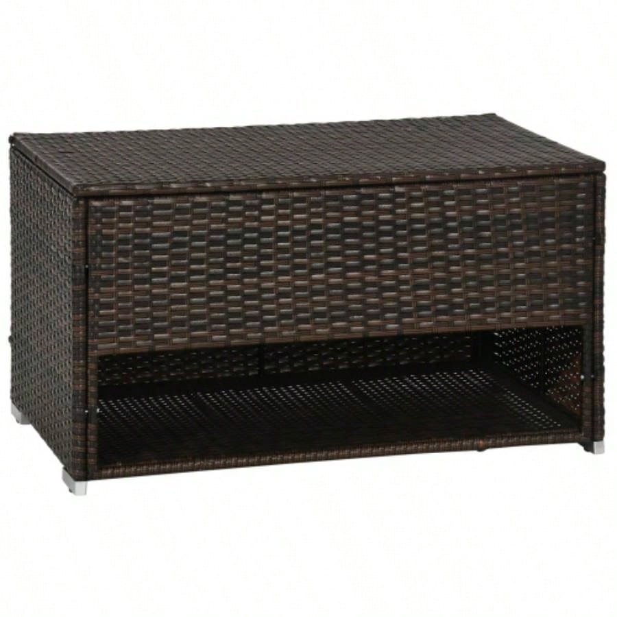 Outsunny Outdoor Deck Box Shoe Storage, PE Rattan Wicker Towel Rack with Liner Indoor, Outdoor, Patio Furniture Cushions, Pool, Toys, Garden Tools, Brown