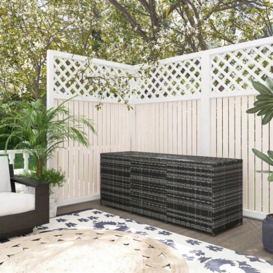 Outsunny 175 Gallon Outdoor Storage Box with Inner Liner, PE Rattan Wicker Deck Box with Pneumatic Bar Lift Indoor Outdoor, Patio Furniture Cushions, Pool Toys, Garden Tools, Mixed Gray