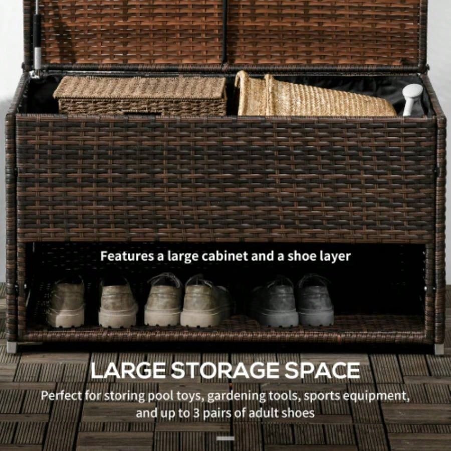 Outsunny Outdoor Deck Box Shoe Storage, PE Rattan Wicker Towel Rack with Liner Indoor, Outdoor, Patio Furniture Cushions, Pool, Toys, Garden Tools, Brown