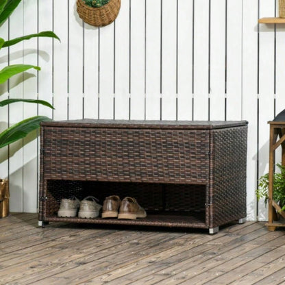 Outsunny Outdoor Deck Box Shoe Storage, PE Rattan Wicker Towel Rack with Liner Indoor, Outdoor, Patio Furniture Cushions, Pool, Toys, Garden Tools, Brown