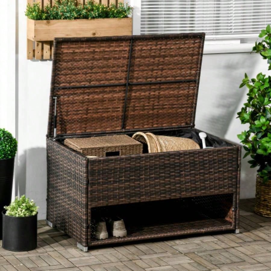 Outsunny Outdoor Deck Box Shoe Storage, PE Rattan Wicker Towel Rack with Liner Indoor, Outdoor, Patio Furniture Cushions, Pool, Toys, Garden Tools, Brown