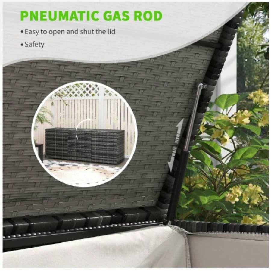 Outsunny 175 Gallon Outdoor Storage Box with Inner Liner, PE Rattan Wicker Deck Box with Pneumatic Bar Lift Indoor Outdoor, Patio Furniture Cushions, Pool Toys, Garden Tools, Mixed Gray
