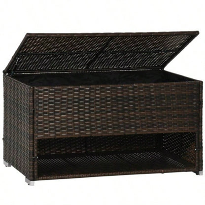 Outsunny Outdoor Deck Box Shoe Storage, PE Rattan Wicker Towel Rack with Liner Indoor, Outdoor, Patio Furniture Cushions, Pool, Toys, Garden Tools, Brown