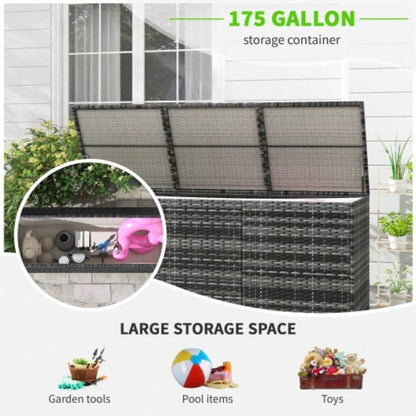 Outsunny 175 Gallon Outdoor Storage Box with Inner Liner, PE Rattan Wicker Deck Box with Pneumatic Bar Lift Indoor Outdoor, Patio Furniture Cushions, Pool Toys, Garden Tools, Mixed Gray