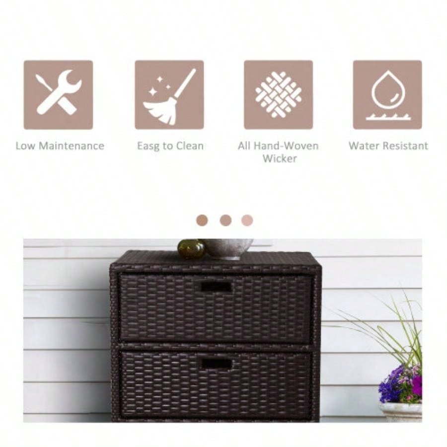 Outsunny Outdoor Towel Cabinet, PE Rattan Pool Storage Organizer, Freestanding Outdoor Towel Rack Pool with 3 Drawers and Weather Safe Material, Brown
