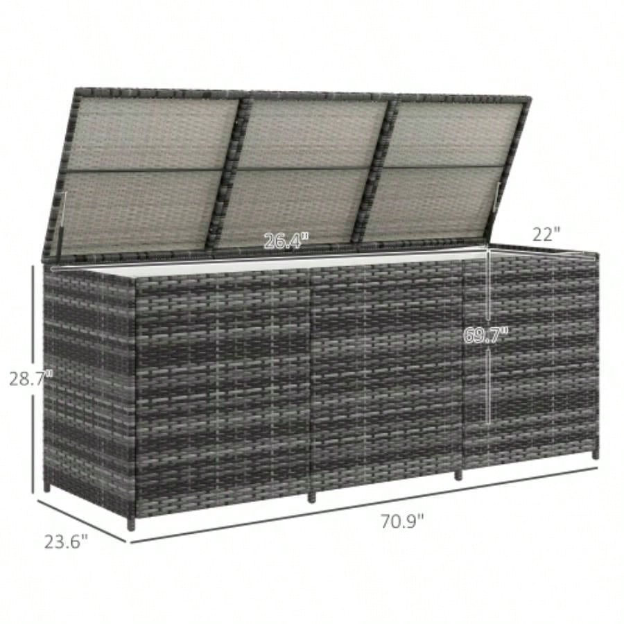Outsunny 175 Gallon Outdoor Storage Box with Inner Liner, PE Rattan Wicker Deck Box with Pneumatic Bar Lift Indoor Outdoor, Patio Furniture Cushions, Pool Toys, Garden Tools, Mixed Gray